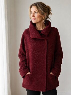 Eileen Fisher L Burgundy Alpaca Wool Silk Bouclé Jacket Asymmetrical Collar